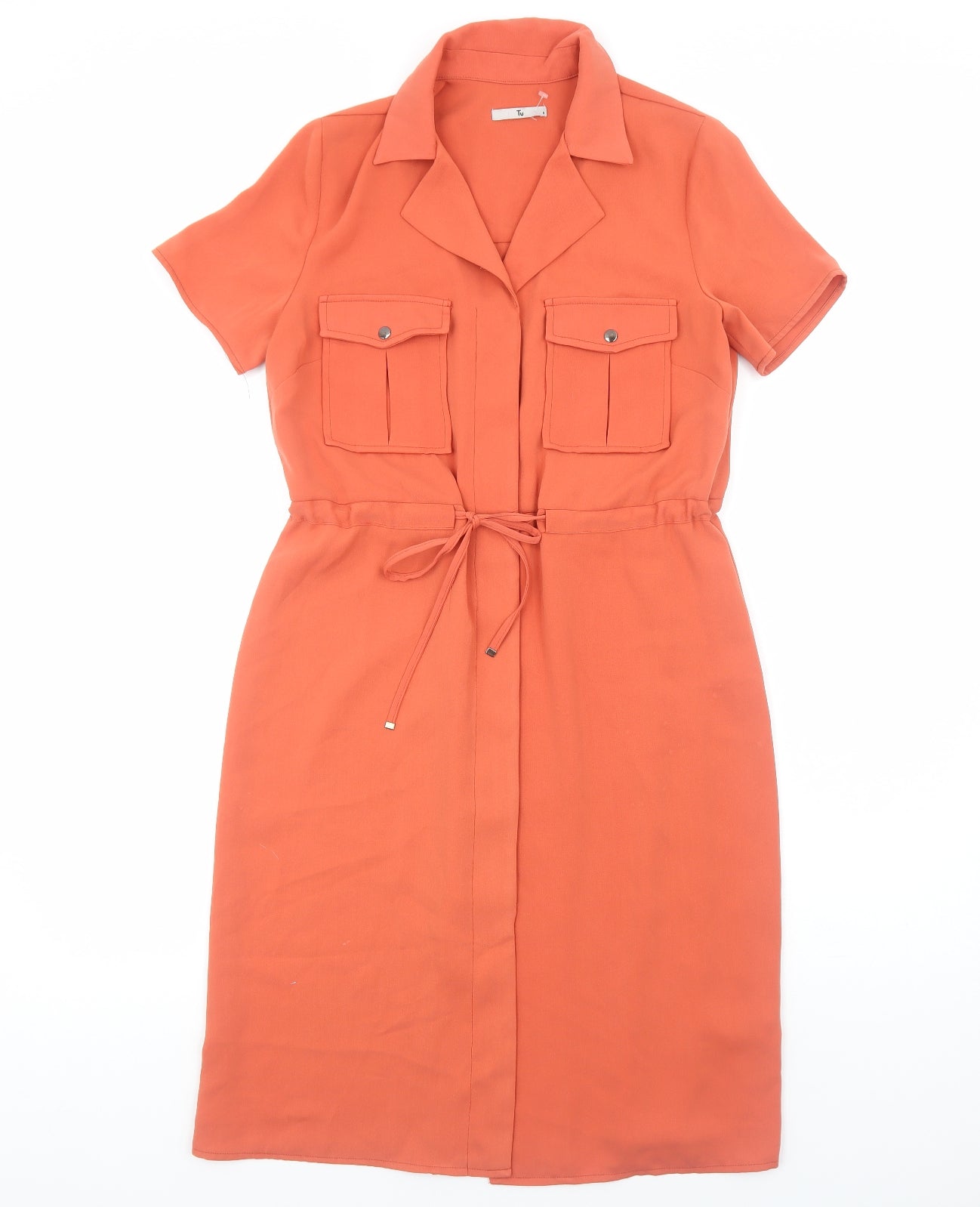 TU Womens Orange Polyester Shirt Dress Size 8 Collared Button - Tie Waist