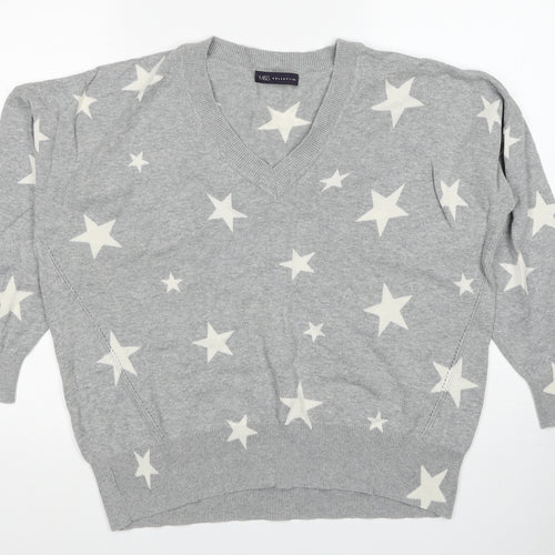 Marks and Spencer Womens Grey V-Neck Geometric Cotton Pullover Jumper Size L - Star Pattern