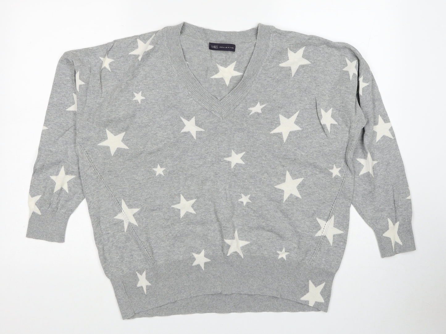 Marks and Spencer Womens Grey V-Neck Geometric Cotton Pullover Jumper Size L - Star Pattern