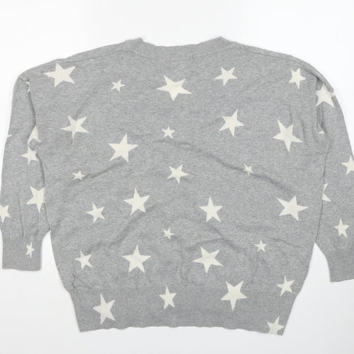 Marks and Spencer Womens Grey V-Neck Geometric Cotton Pullover Jumper Size L - Star Pattern