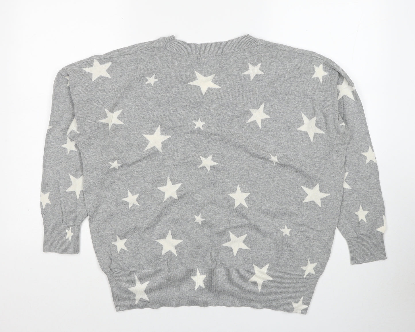 Marks and Spencer Womens Grey V-Neck Geometric Cotton Pullover Jumper Size L - Star Pattern