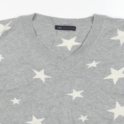 Marks and Spencer Womens Grey V-Neck Geometric Cotton Pullover Jumper Size L - Star Pattern