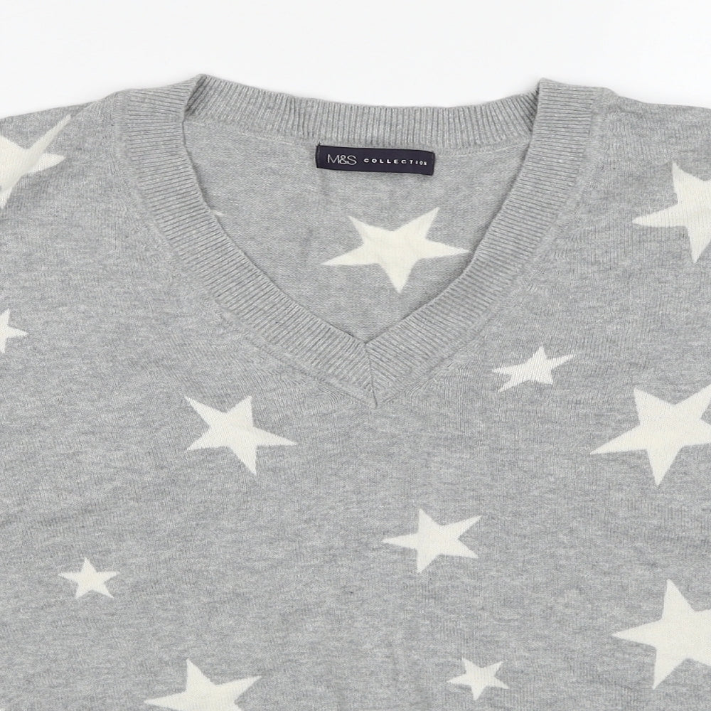 Marks and Spencer Womens Grey V-Neck Geometric Cotton Pullover Jumper Size L - Star Pattern