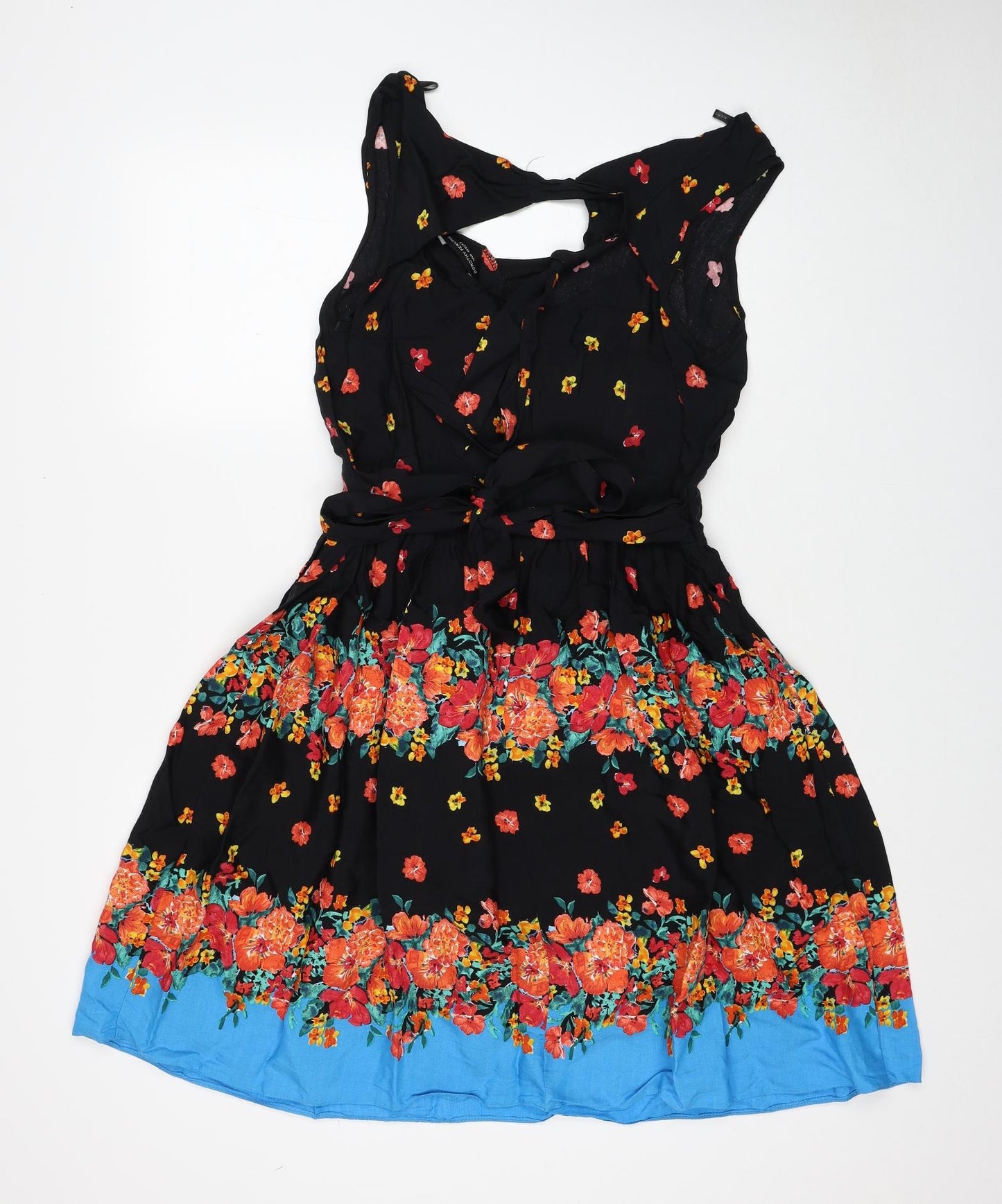 Dorothy Perkins Womens Black Floral Viscose Fit & Flare Size 14 Scoop Neck Zip