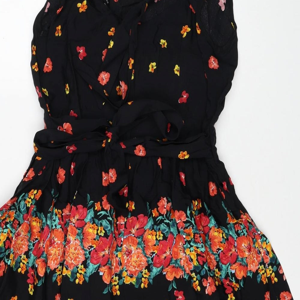 Dorothy Perkins Womens Black Floral Viscose Fit & Flare Size 14 Scoop Neck Zip