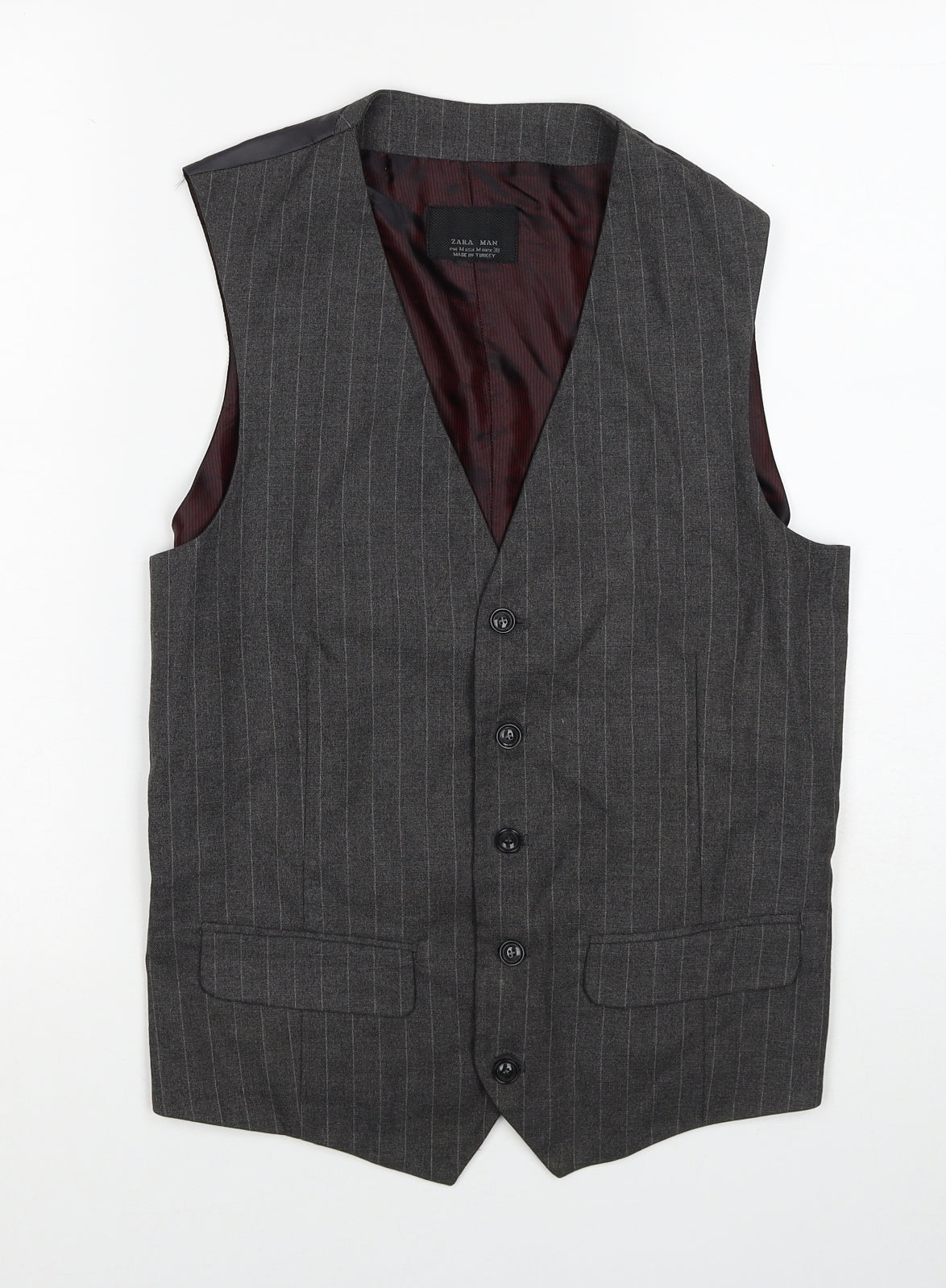 Zara Mens Grey Striped Polyester Jacket Suit Waistcoat Size M Regular