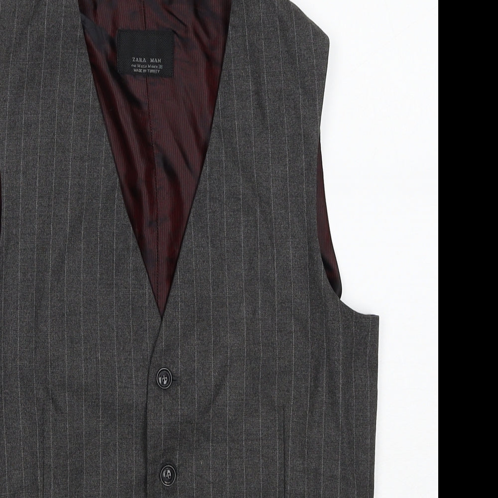 Zara Mens Grey Striped Polyester Jacket Suit Waistcoat Size M Regular