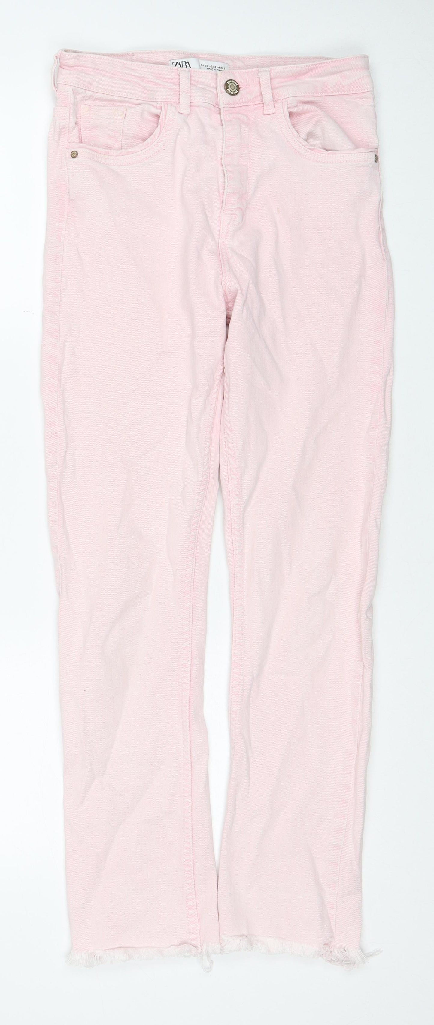 Zara Womens Pink Cotton Straight Jeans Size 8 Regular Zip - Distressed Hems