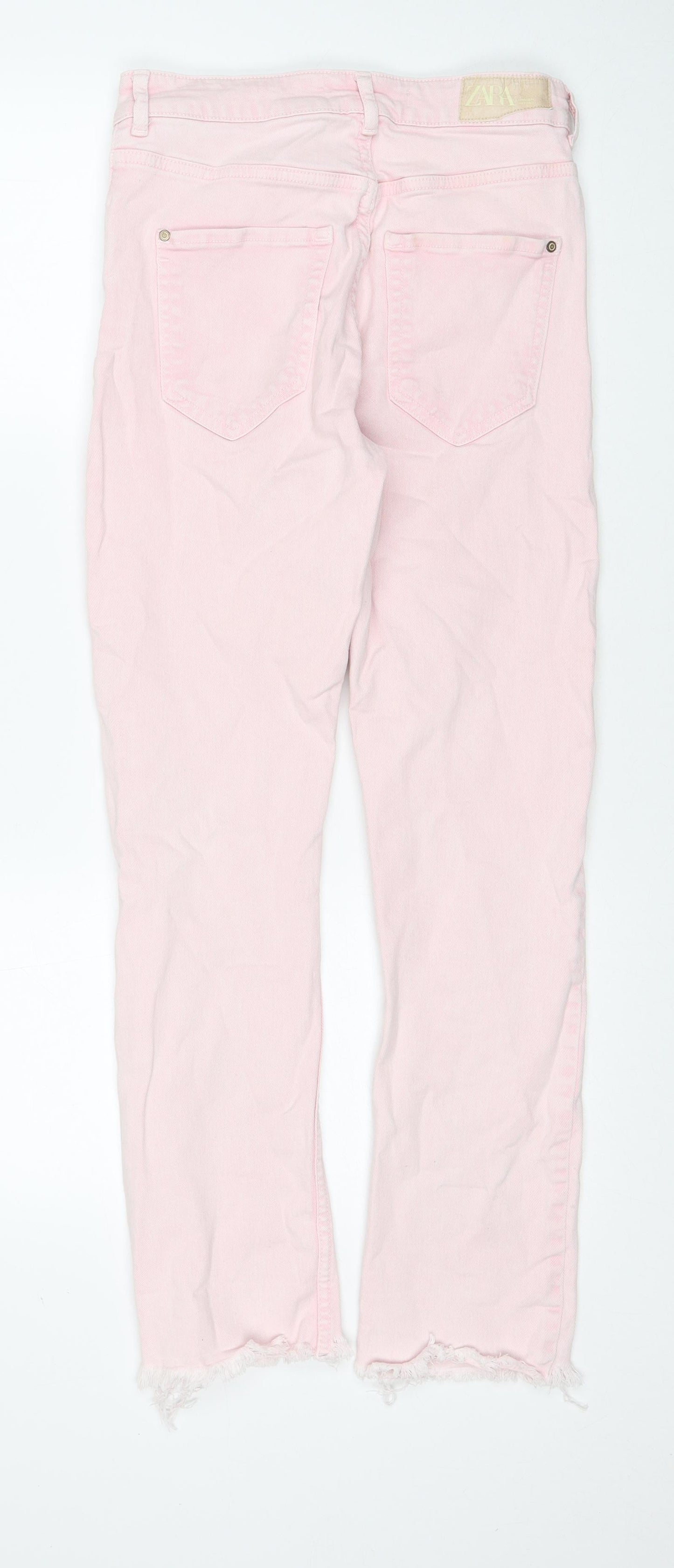Zara Womens Pink Cotton Straight Jeans Size 8 Regular Zip - Distressed Hems