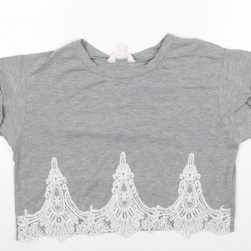 Miss Selfridge Womens Grey Polyester Cropped T-Shirt Size 8 Scoop Neck