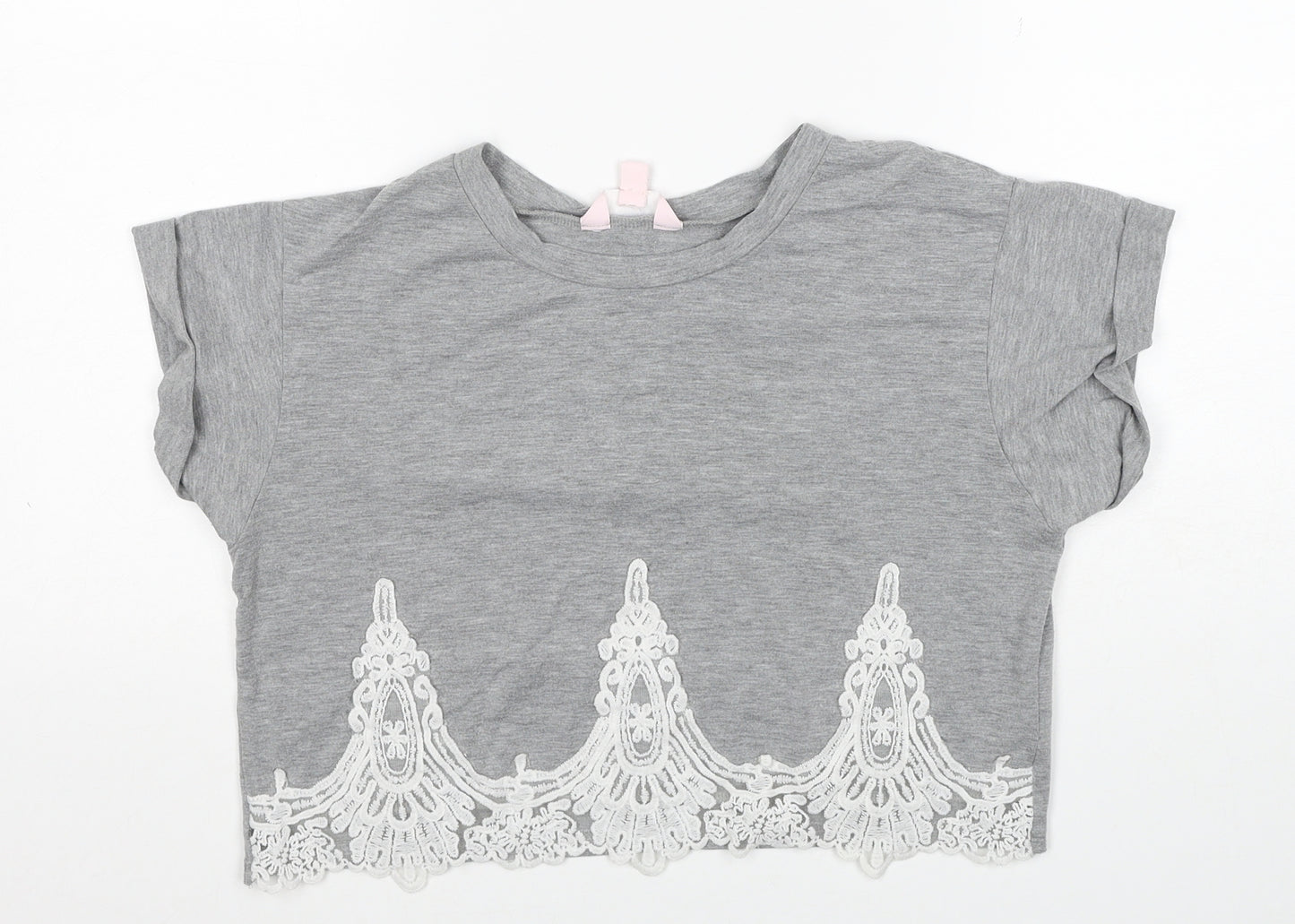 Miss Selfridge Womens Grey Polyester Cropped T-Shirt Size 8 Scoop Neck
