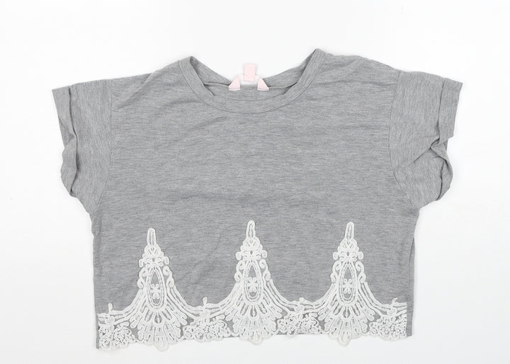 Miss Selfridge Womens Grey Polyester Cropped T-Shirt Size 8 Scoop Neck