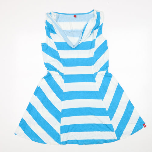EDC Womens Blue Striped Cotton Skater Dress Size M Cowl Neck Pullover