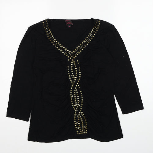 Colour Works Womens Black Viscose Basic T-Shirt Size M V-Neck