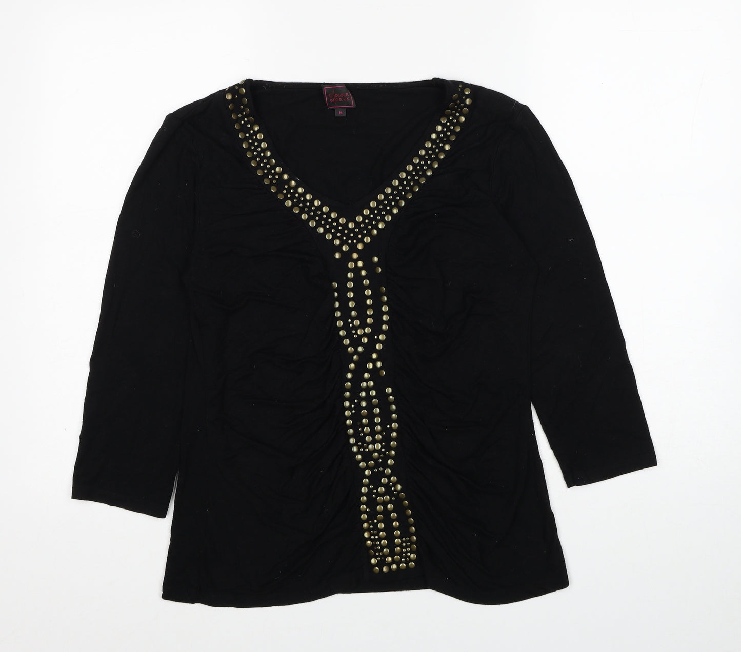 Colour Works Womens Black Viscose Basic T-Shirt Size M V-Neck