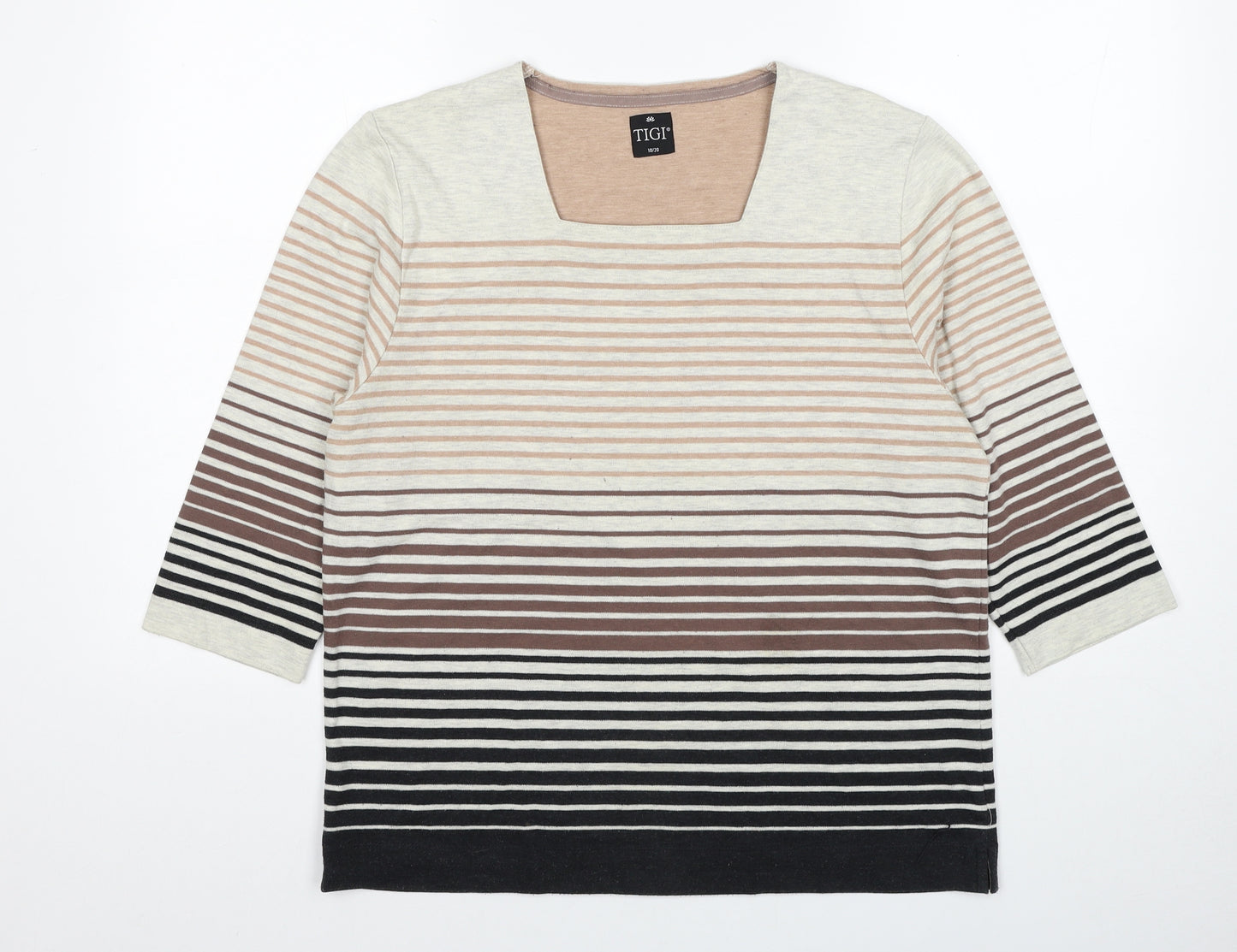 TIGI Womens Beige Striped Polyester Basic T-Shirt Size 18 Square Neck