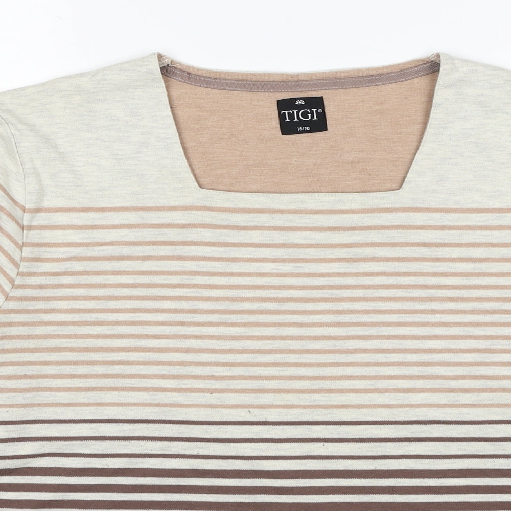 TIGI Womens Beige Striped Polyester Basic T-Shirt Size 18 Square Neck