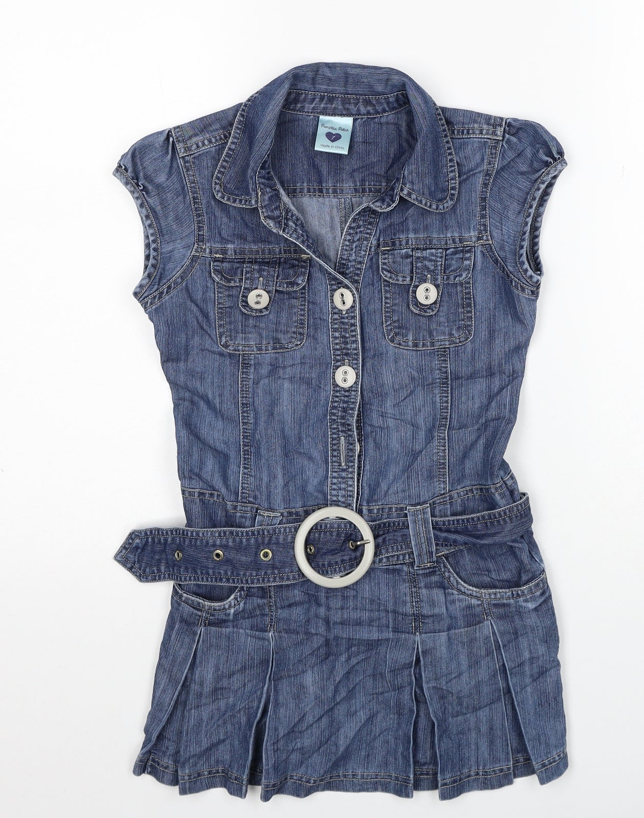 Pumpkin Patch Girls Blue Cotton Shirt Dress Size 7 Years Collared Button