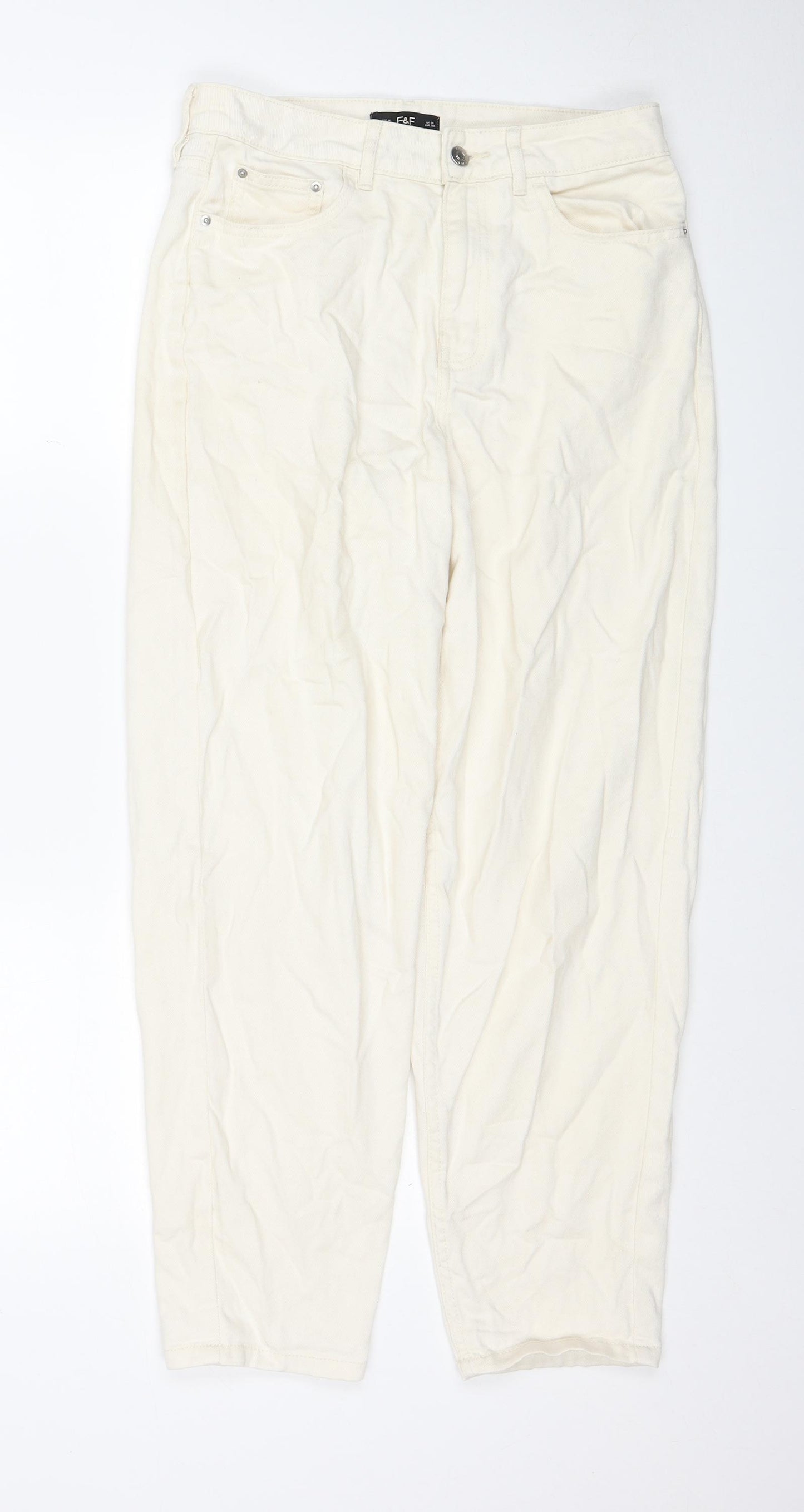 F&F Womens Ivory Cotton Straight Jeans Size 8 Regular Zip
