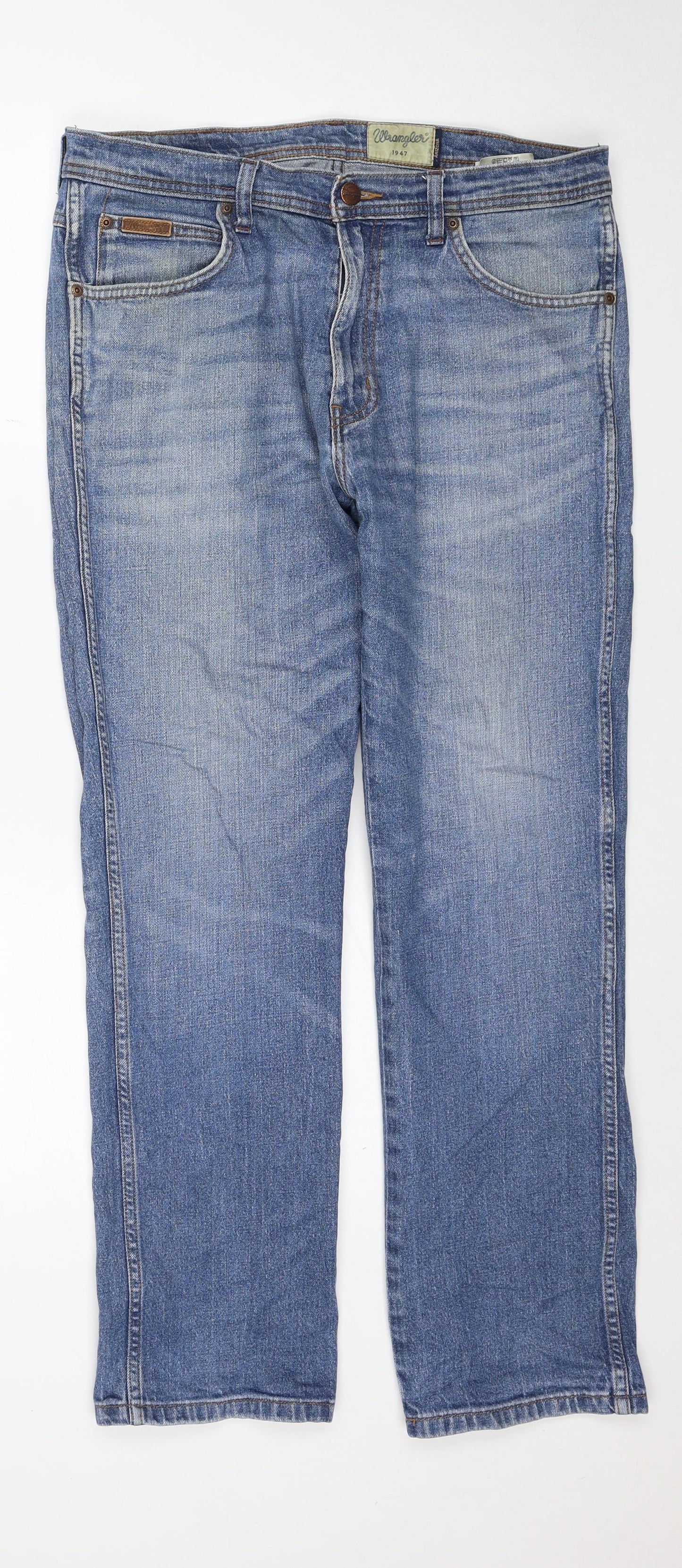 Wrangler Mens Blue Cotton Straight Jeans Size 34 in L30 in Regular Zip