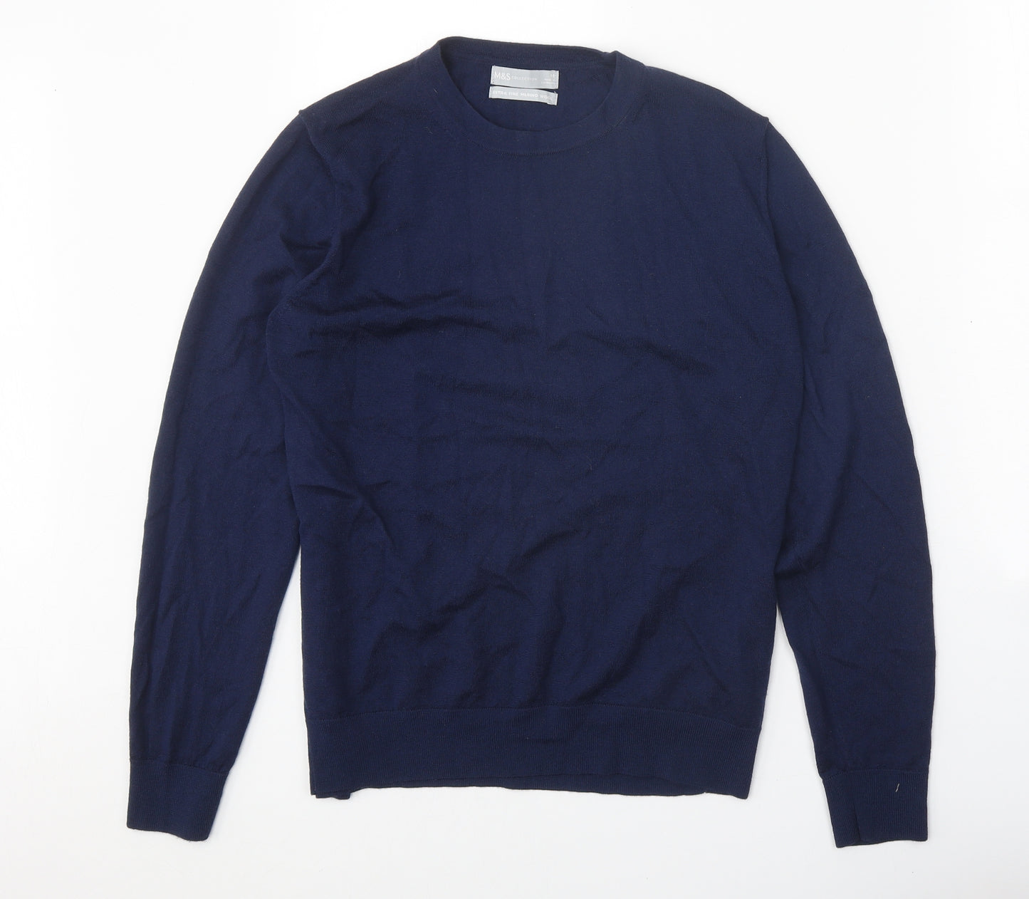 Marks and Spencer Womens Blue Round Neck 100% Merino Wool Pullover Jumper Size 14