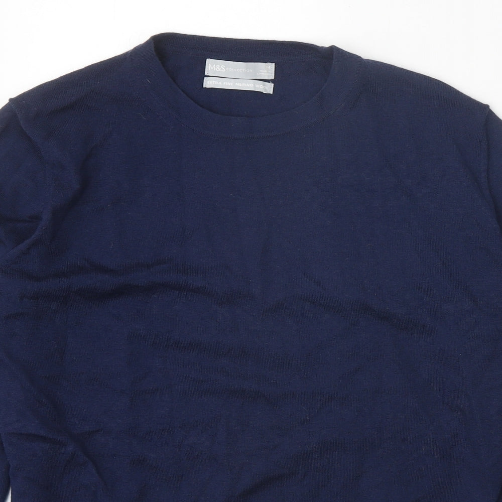 Marks and Spencer Womens Blue Round Neck 100% Merino Wool Pullover Jumper Size 14