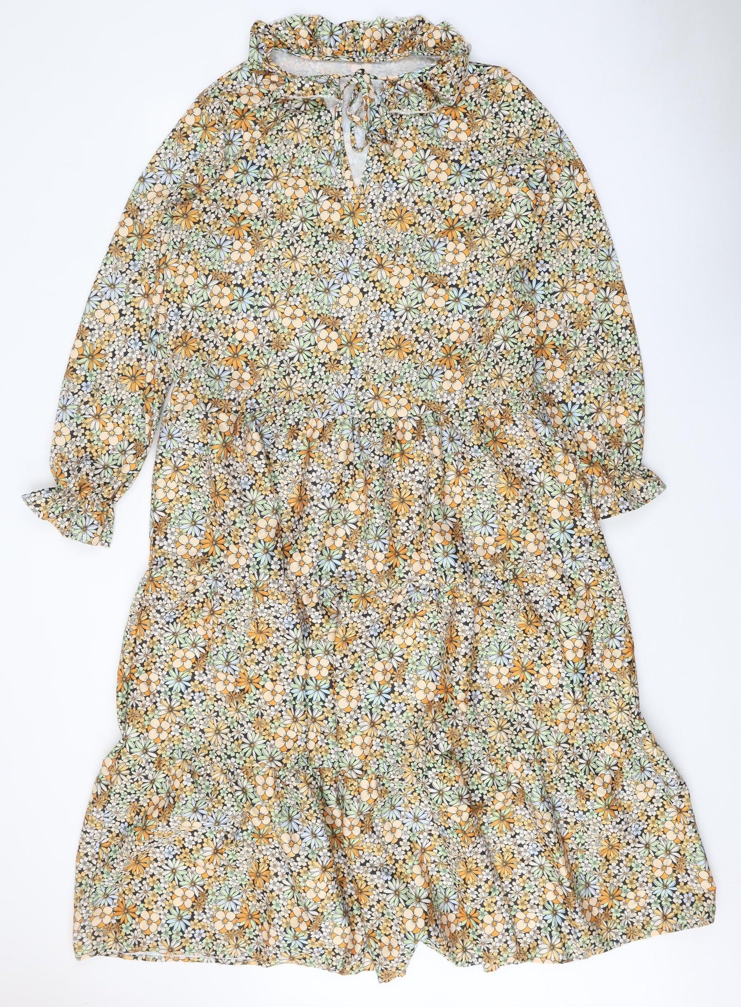 Preworn Womens Yellow Floral Polyester Fit & Flare One Size V-Neck Tie