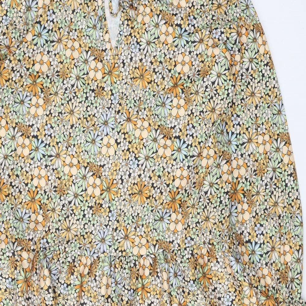 Preworn Womens Yellow Floral Polyester Fit & Flare One Size V-Neck Tie