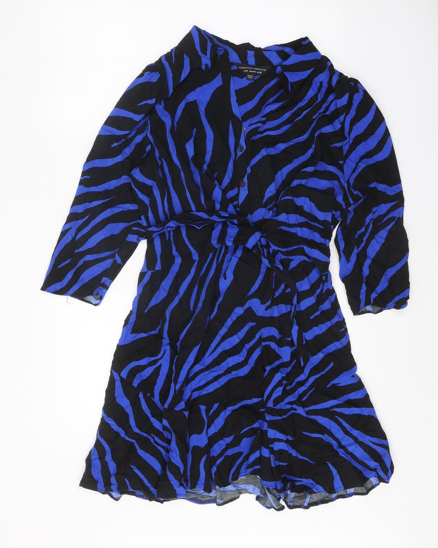 Dorothy Perkins Womens Black Animal Print Viscose Skater Dress Size 16 V-Neck Button - Zebra print