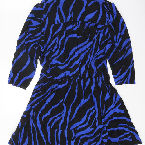 Dorothy Perkins Womens Black Animal Print Viscose Skater Dress Size 16 V-Neck Button - Zebra print