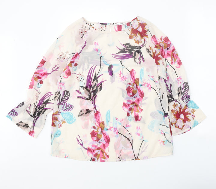 Damart Womens Beige Floral Polyester Basic Blouse Size 10 Boat Neck