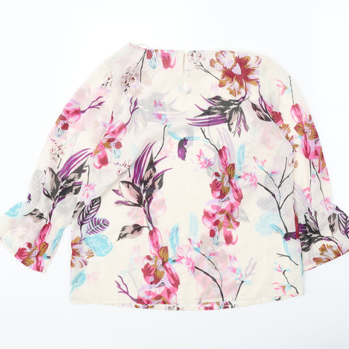 Damart Womens Beige Floral Polyester Basic Blouse Size 10 Boat Neck