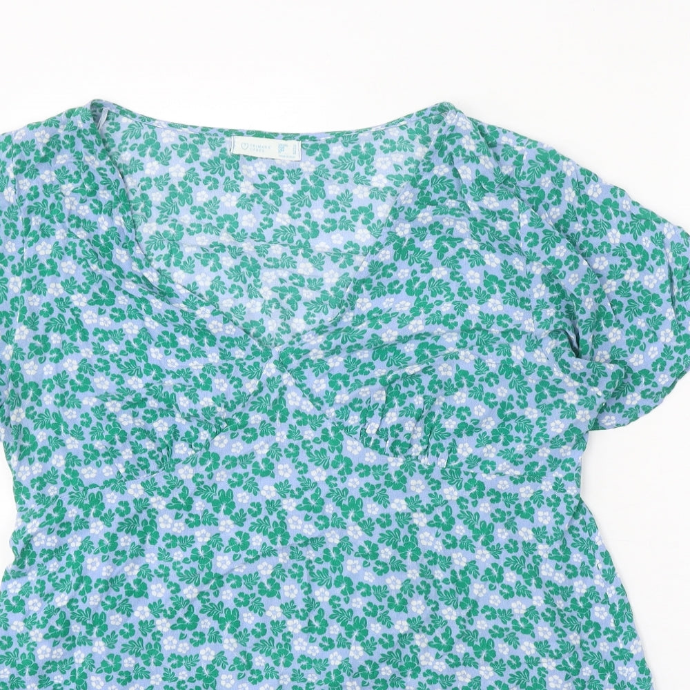 Primark Womens Blue Floral Viscose A-Line Size 16 V-Neck Pullover