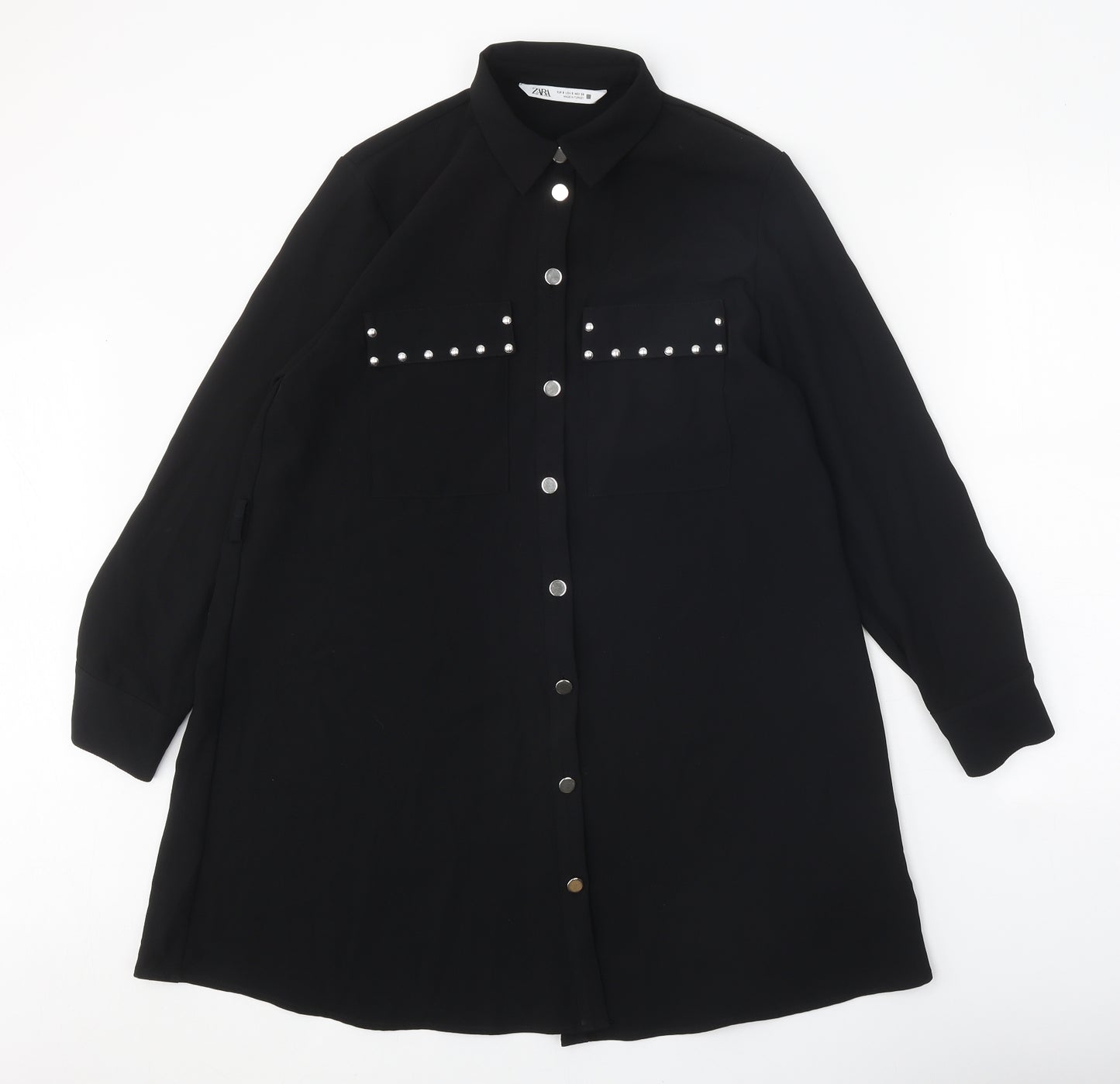 Zara Womens Black Polyester Shirt Dress Size S Collared Button