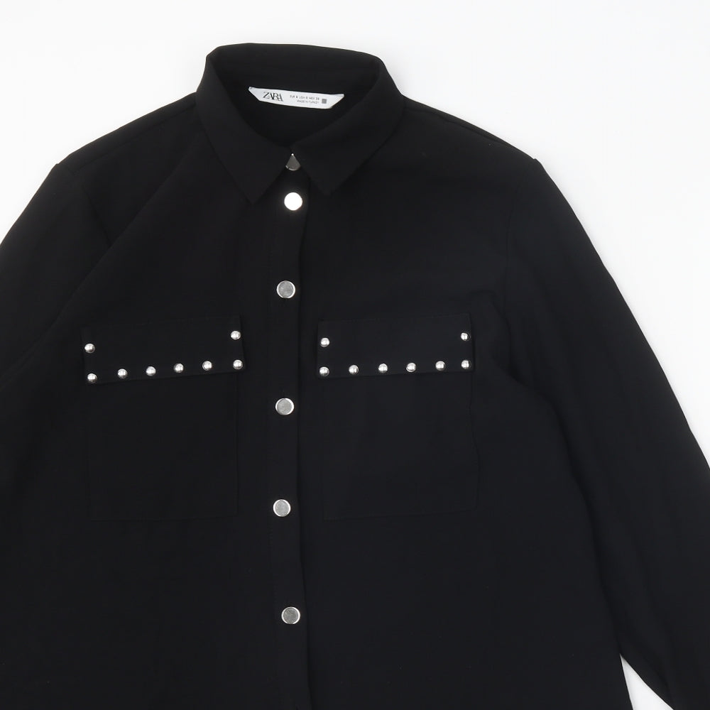 Zara Womens Black Polyester Shirt Dress Size S Collared Button