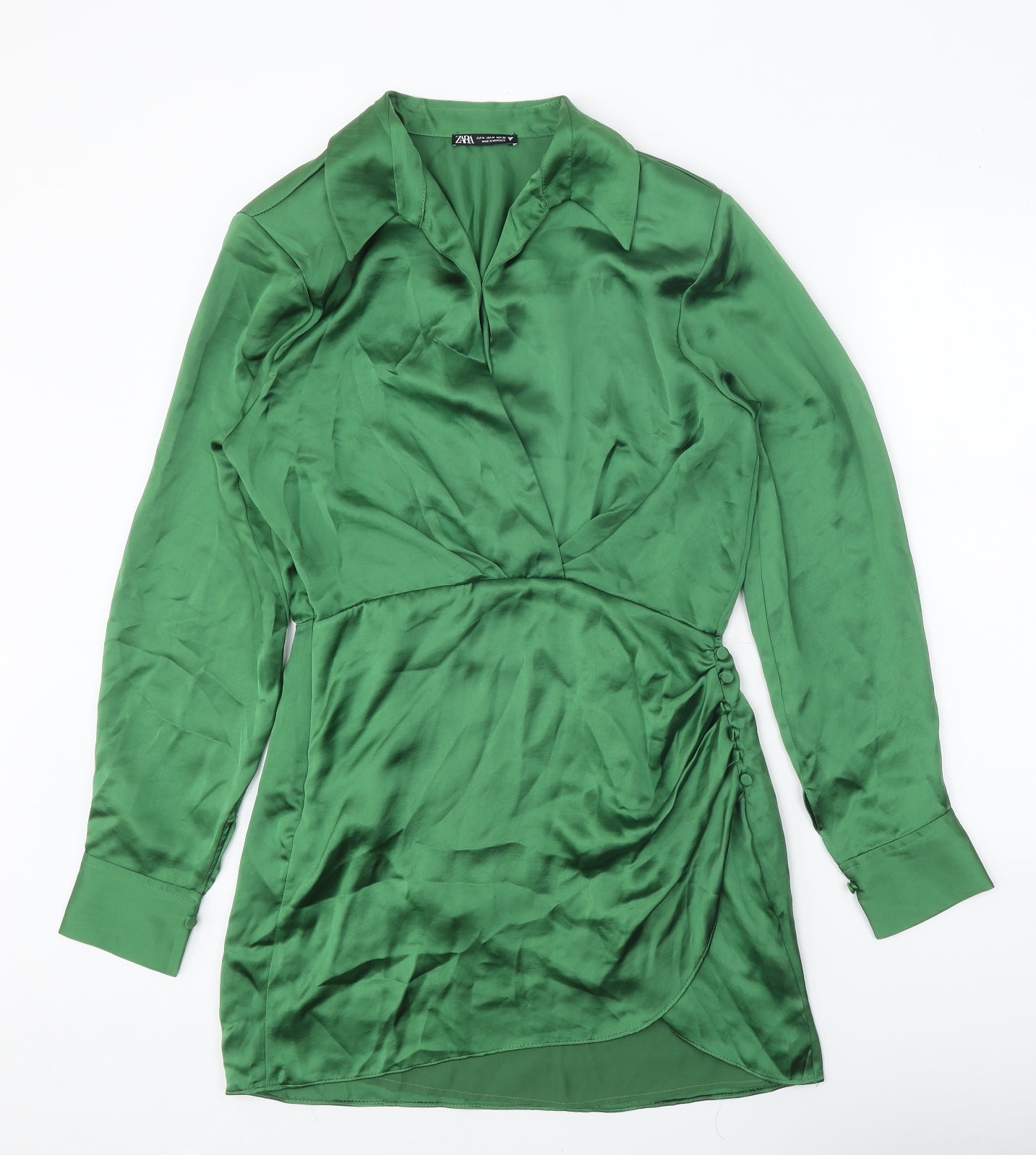 Zara Womens Green Polyester Shirt Dress Size M Collared Button