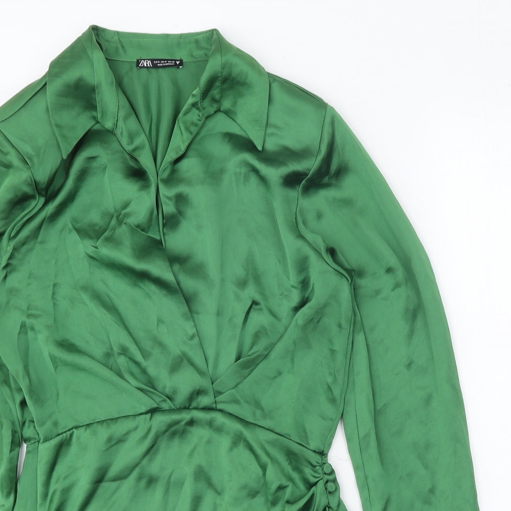 Zara Womens Green Polyester Shirt Dress Size M Collared Button
