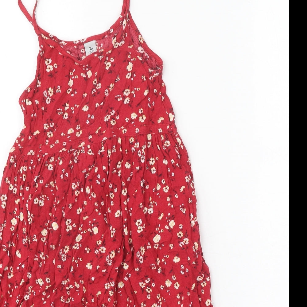 TU Girls Red Floral Viscose Fit & Flare Size 8 Years Scoop Neck Pullover