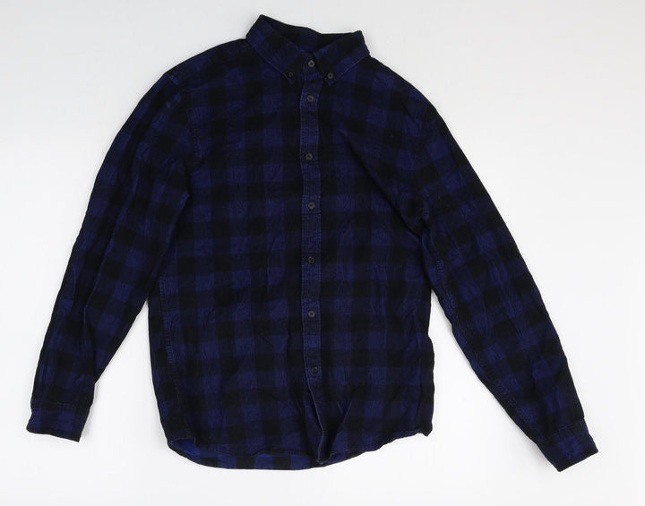 Marks and Spencer Mens Blue Check Cotton Button-Up Size S Collared Button