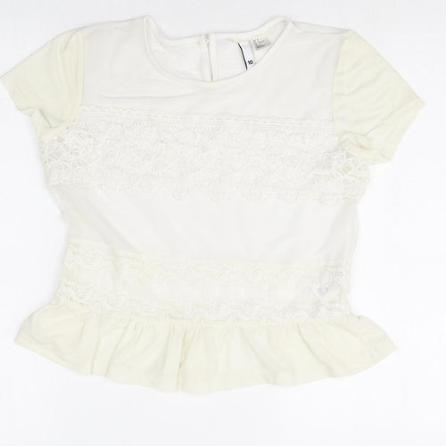 Divided Womens Ivory Cotton Basic T-Shirt Size 10 Round Neck - Lace Detail