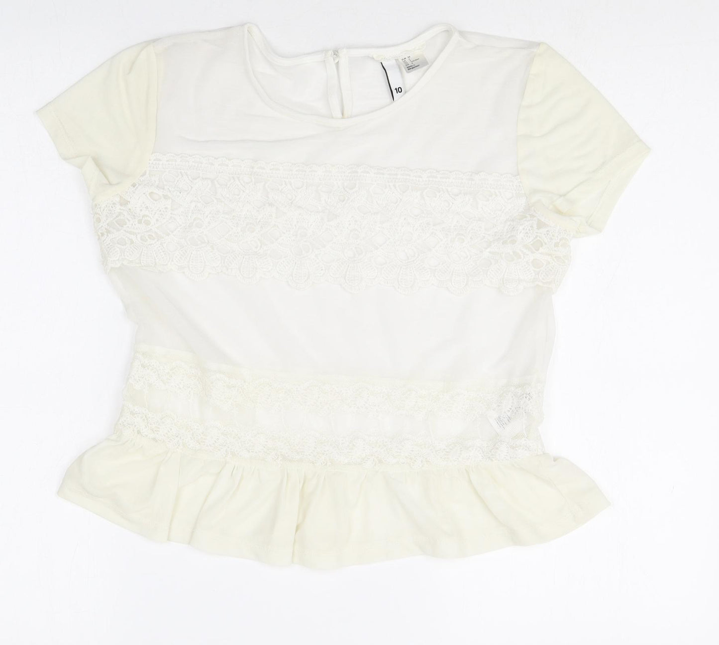 Divided Womens Ivory Cotton Basic T-Shirt Size 10 Round Neck - Lace Detail