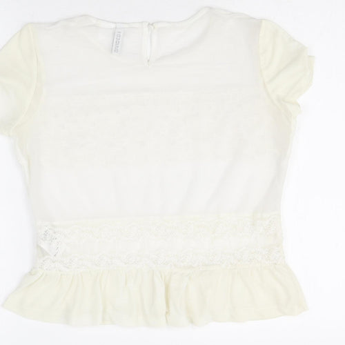 Divided Womens Ivory Cotton Basic T-Shirt Size 10 Round Neck - Lace Detail