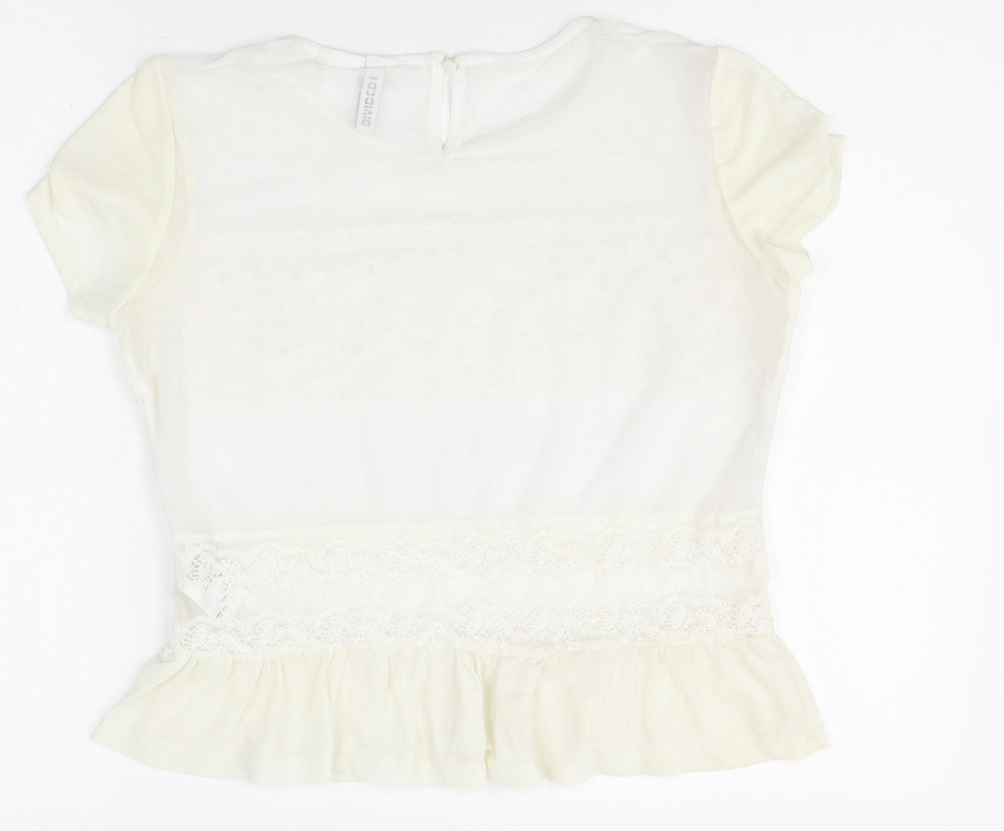 Divided Womens Ivory Cotton Basic T-Shirt Size 10 Round Neck - Lace Detail
