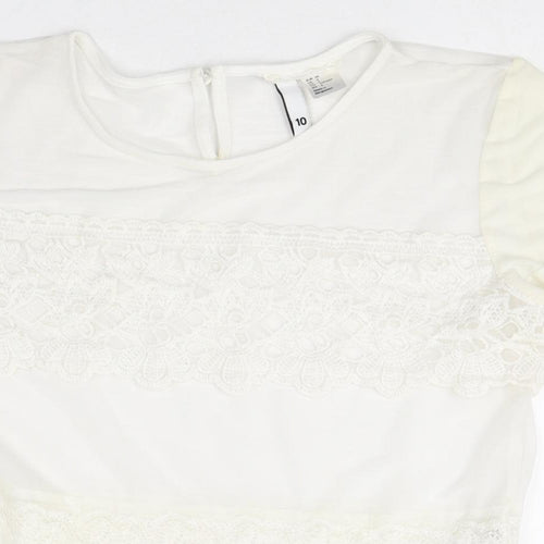 Divided Womens Ivory Cotton Basic T-Shirt Size 10 Round Neck - Lace Detail