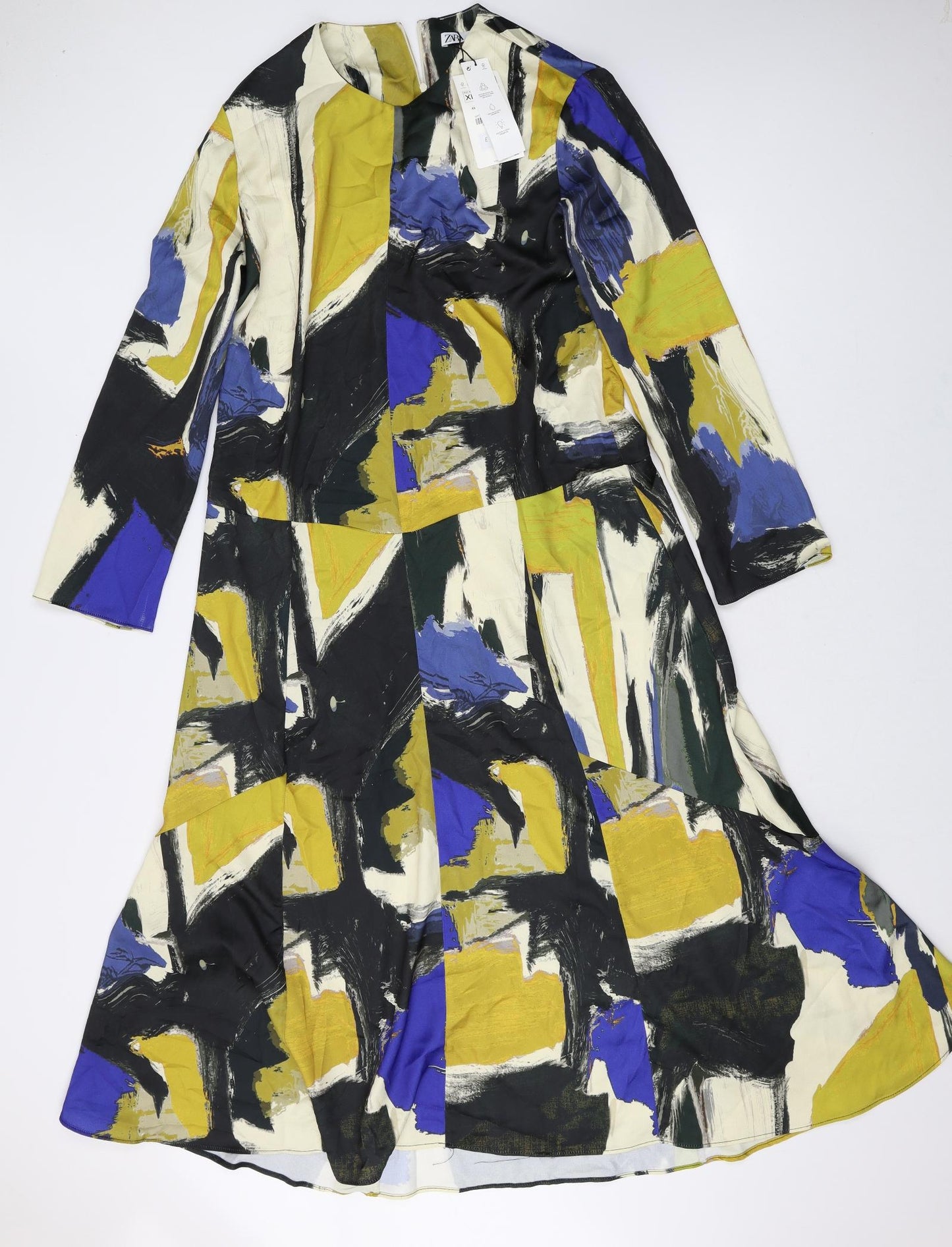Zara Womens Multicoloured Geometric Polyester A-Line Size XL V-Neck Zip