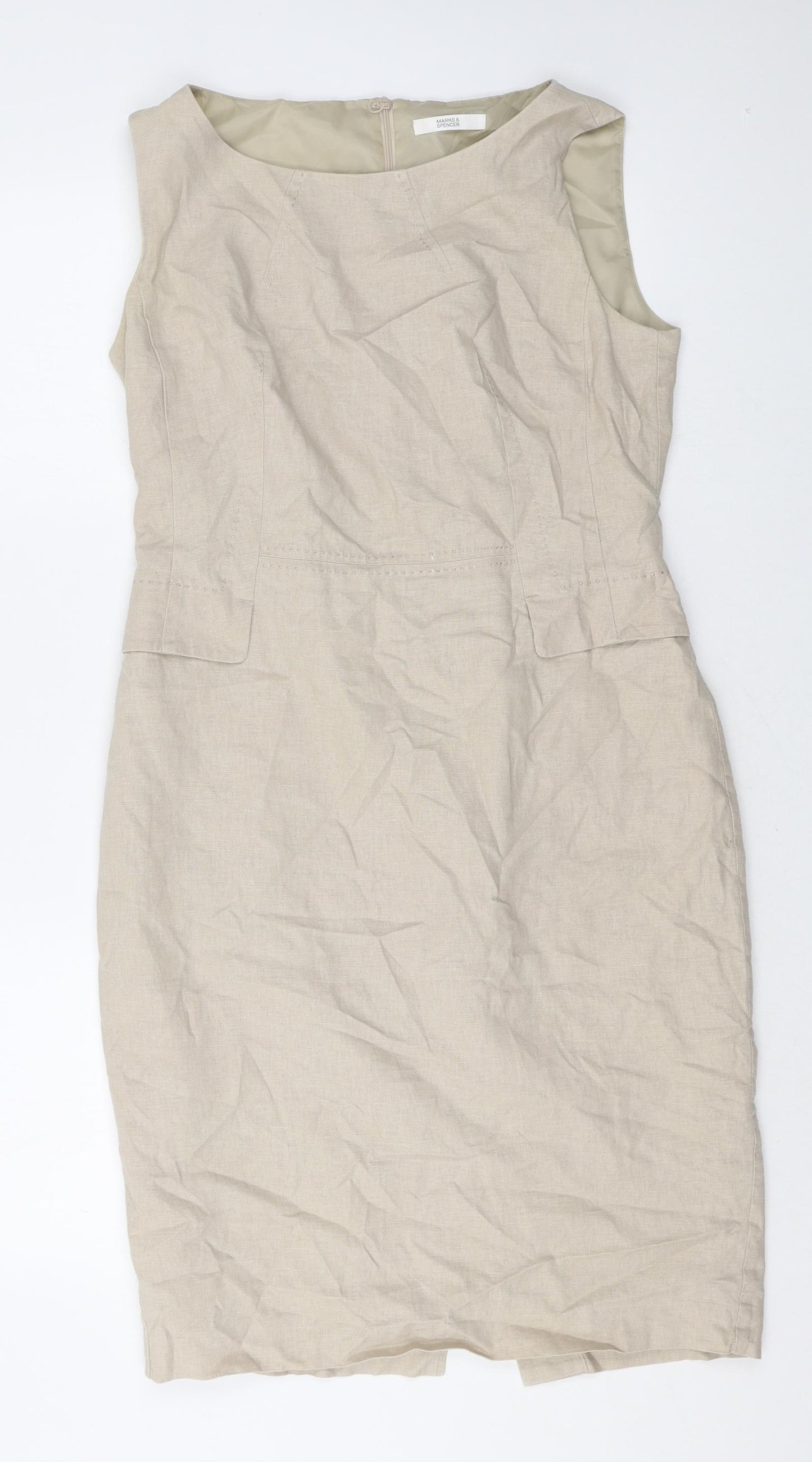 Marks and Spencer Womens Beige Linen Sheath Size 12 Boat Neck Zip