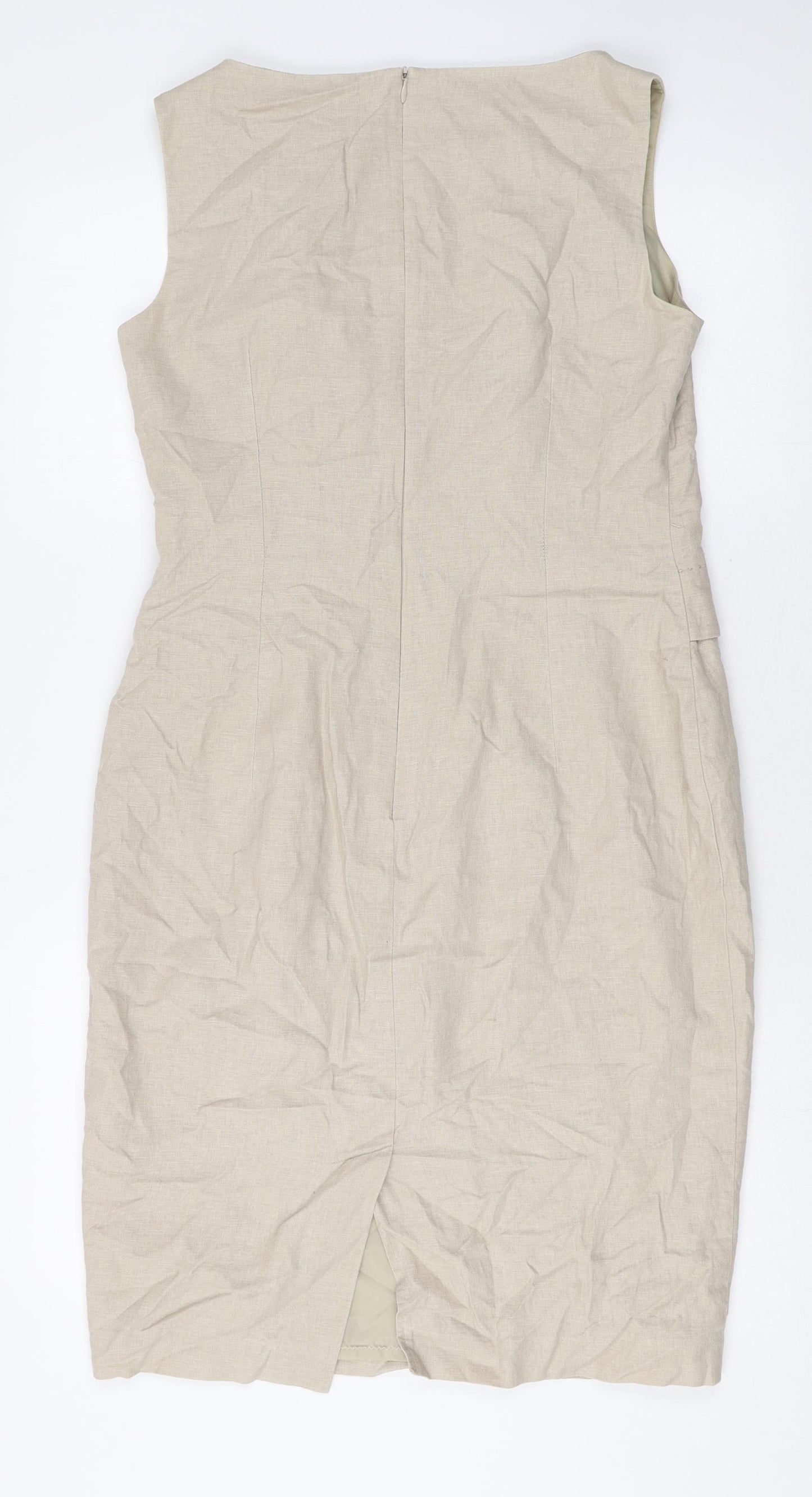 Marks and Spencer Womens Beige Linen Sheath Size 12 Boat Neck Zip