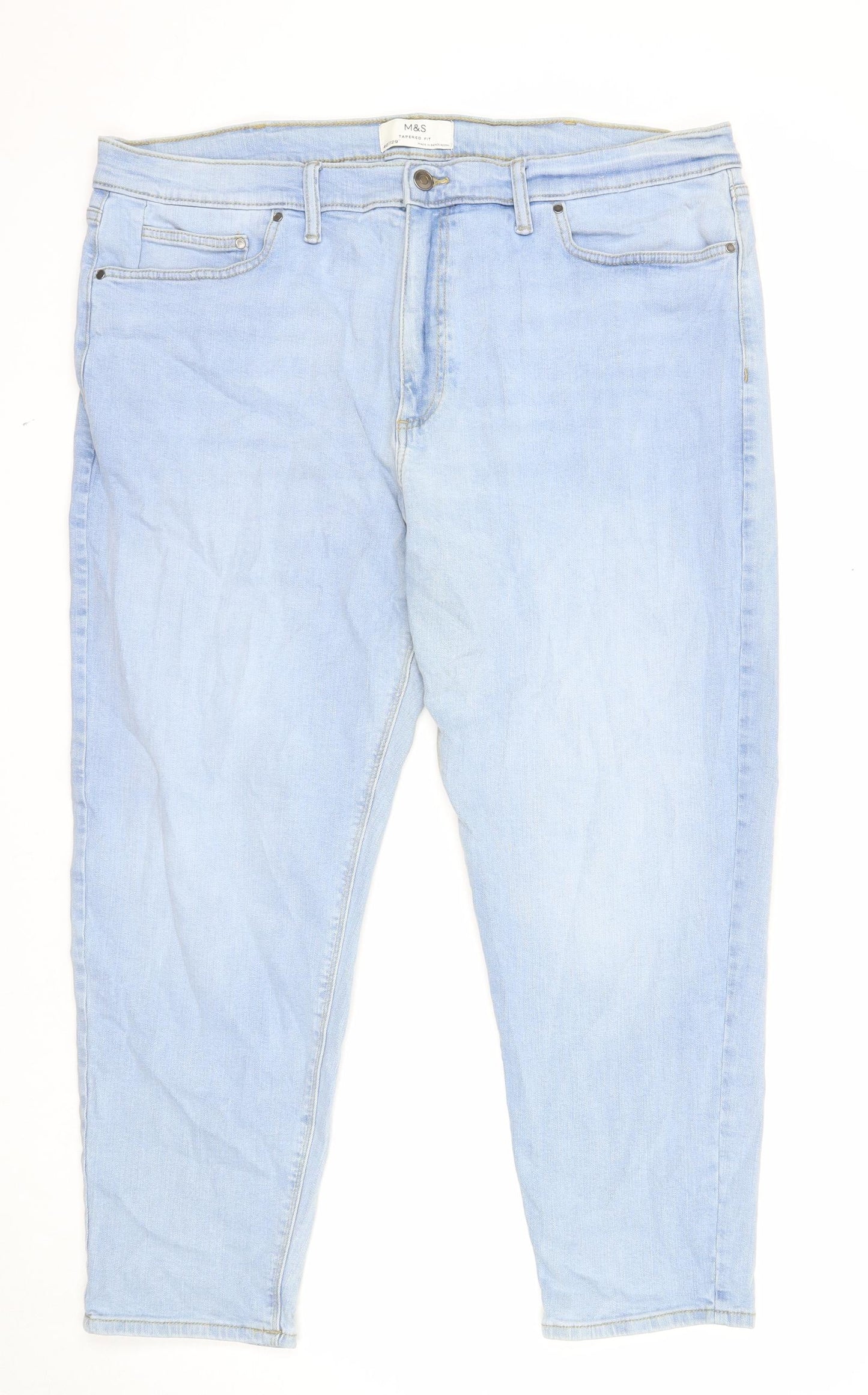 Marks and Spencer Mens Blue Cotton Tapered Jeans Size 40 in L29 in Regular Zip