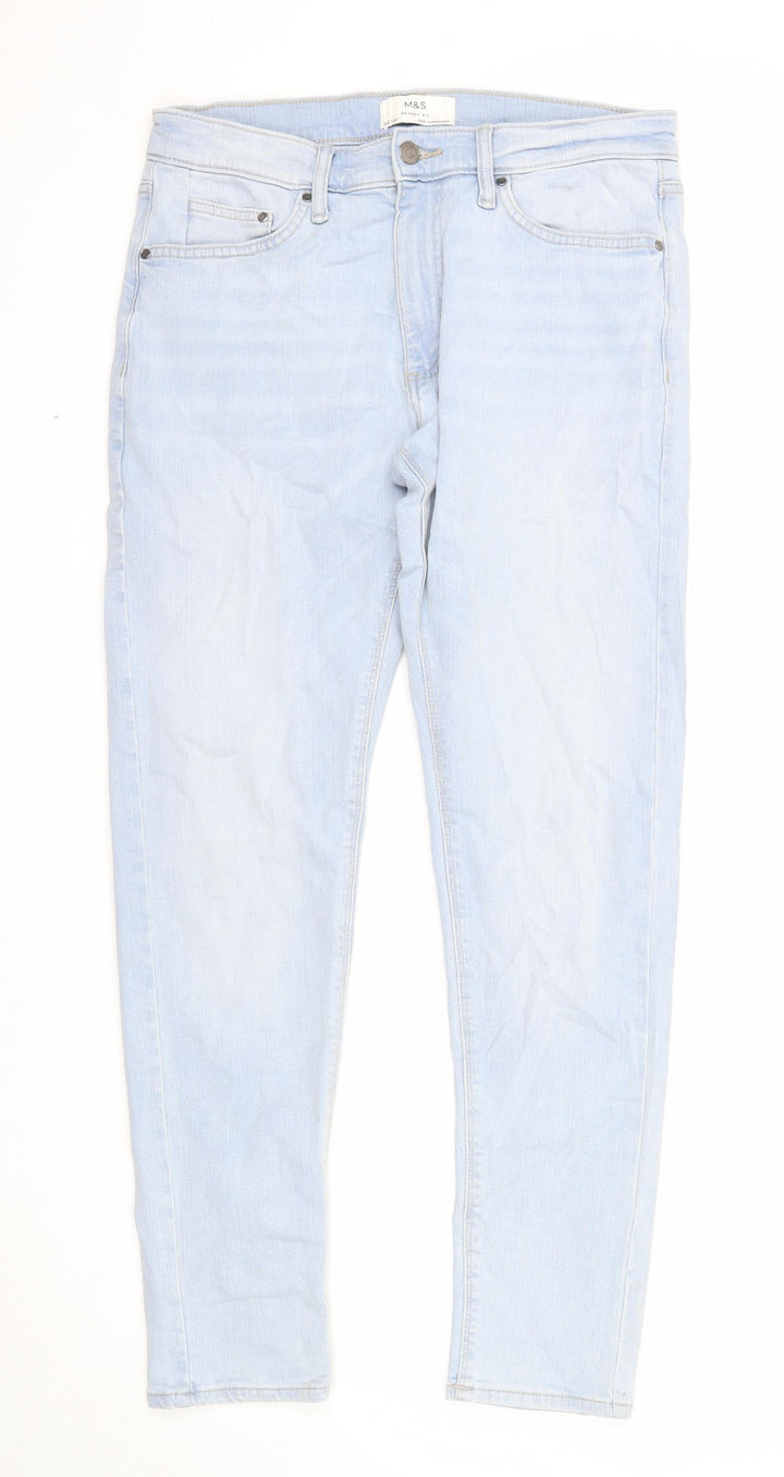 Marks and Spencer Mens Blue Cotton Skinny Jeans Size 32 in L31 in Regular Zip