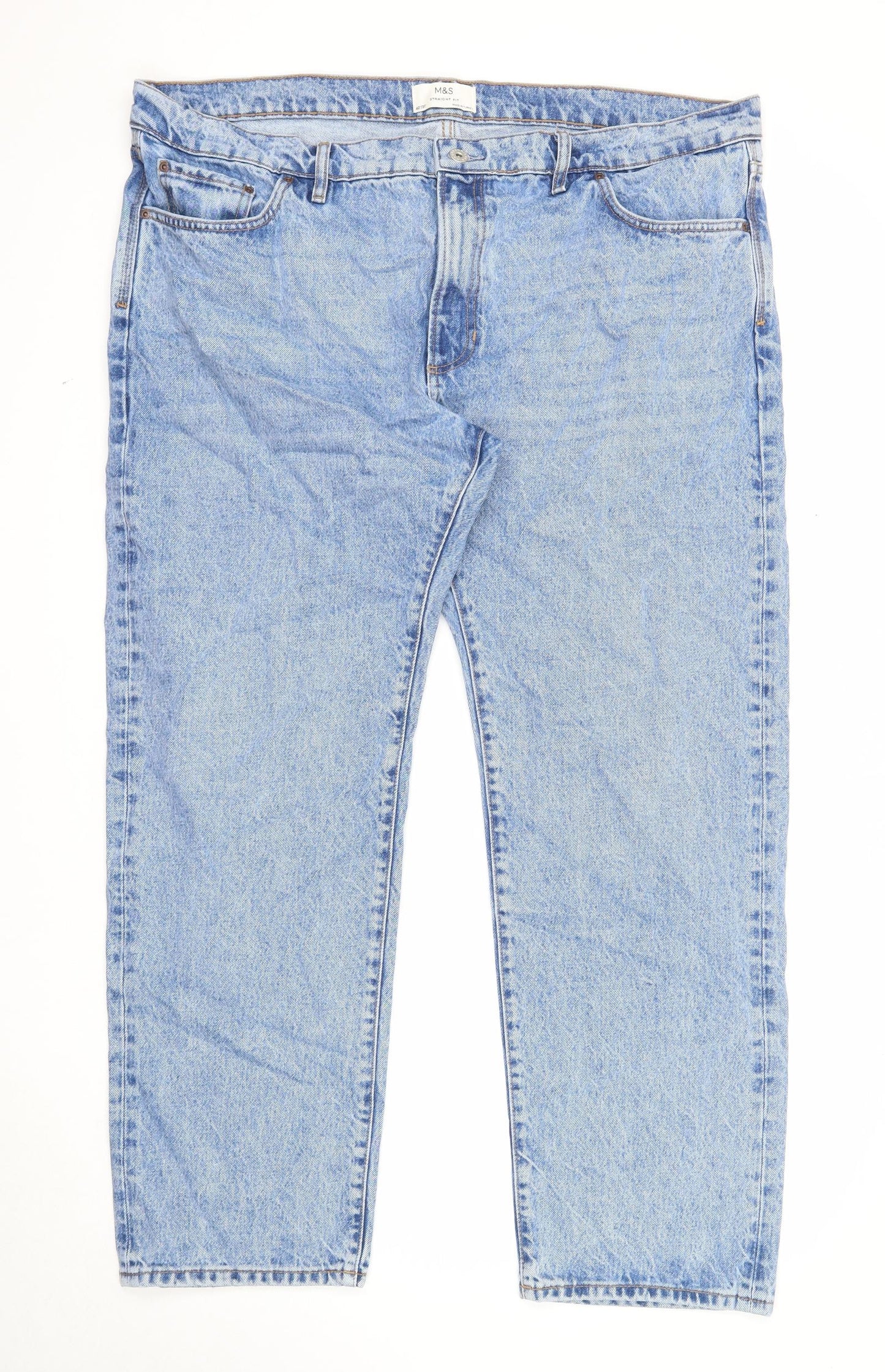 Marks and Spencer Mens Blue Cotton Straight Jeans Size 42 in L31 in Regular Zip - Vintage Wash